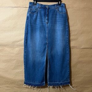 ME+EM | Distressed Denim Midi Skirt Front Slit Released Raw Hem Size 6